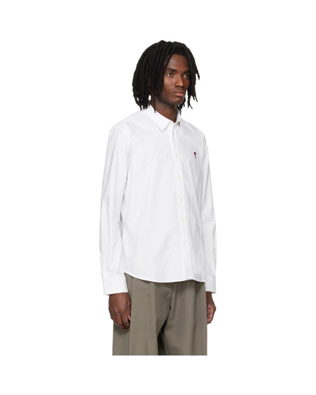 AMI White Classic Long Sleeve Button-Down Collar Embroidered Adc Shirt for men