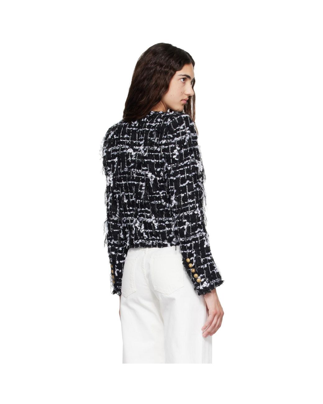 Balmain Black Cropped Fringed Tweed Jacket