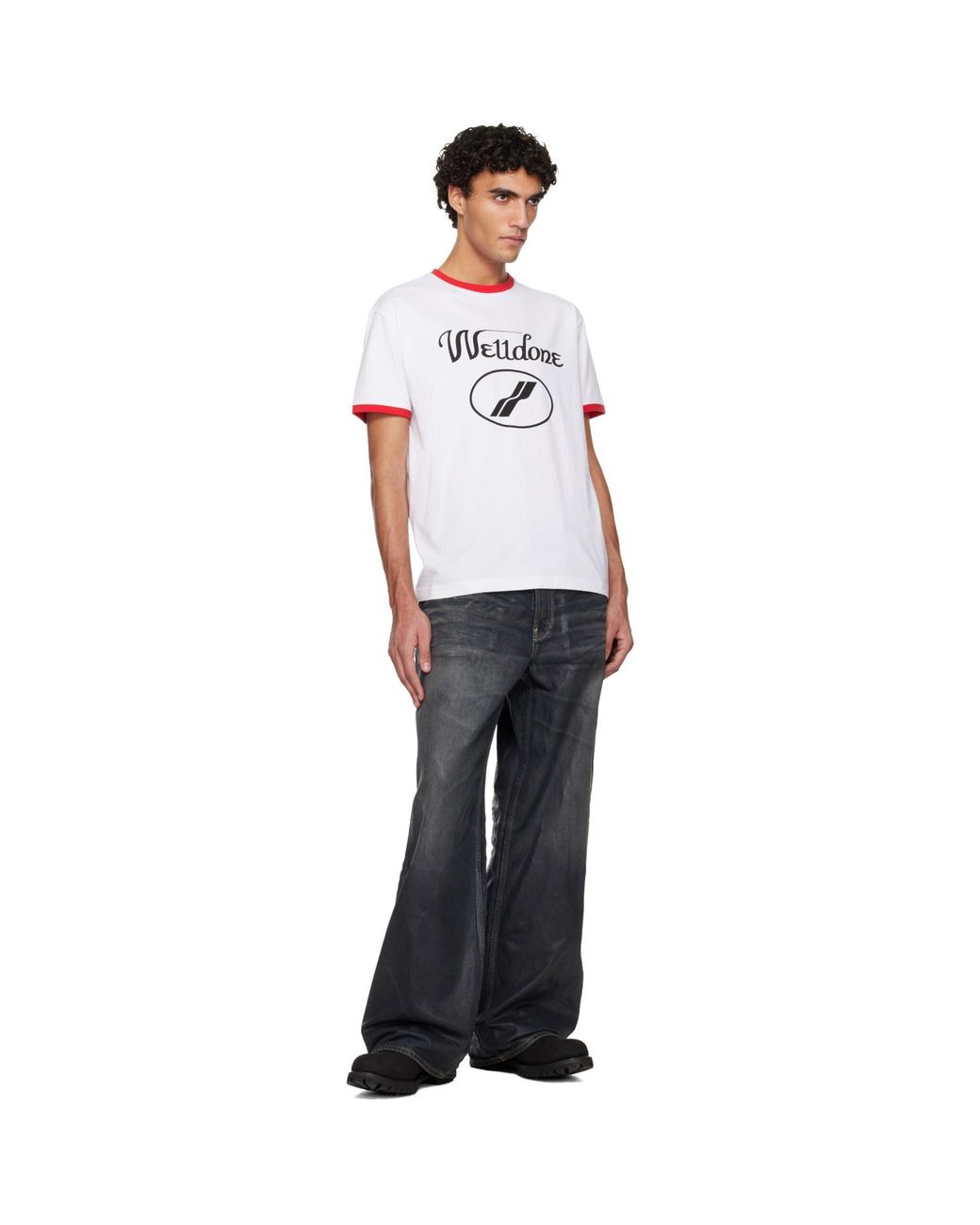 we11done White Cursive Logo Fitted Ringer T-Shirt for men