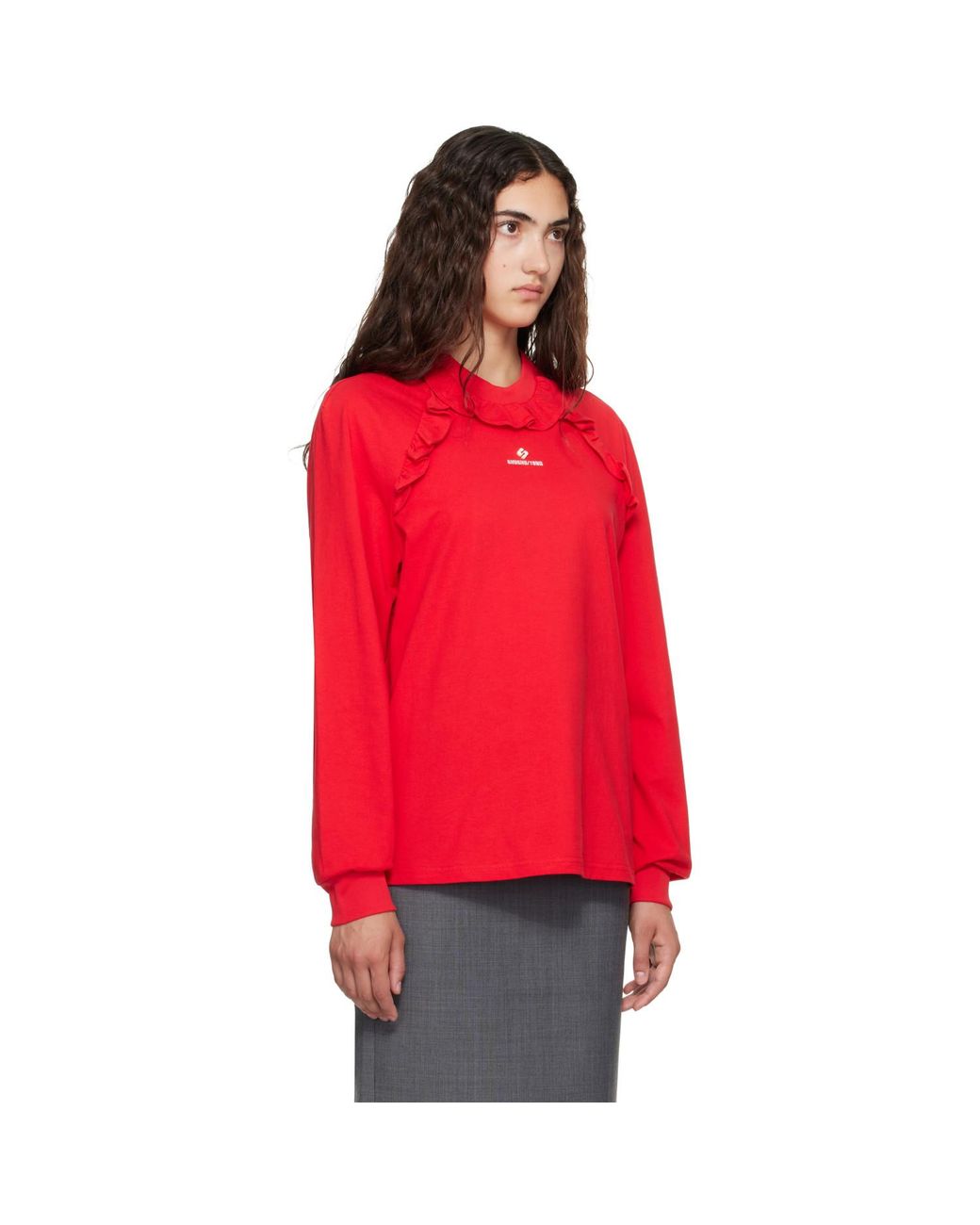 ShuShu/Tong Red Lace Trim Long Sleeve T-Shirt