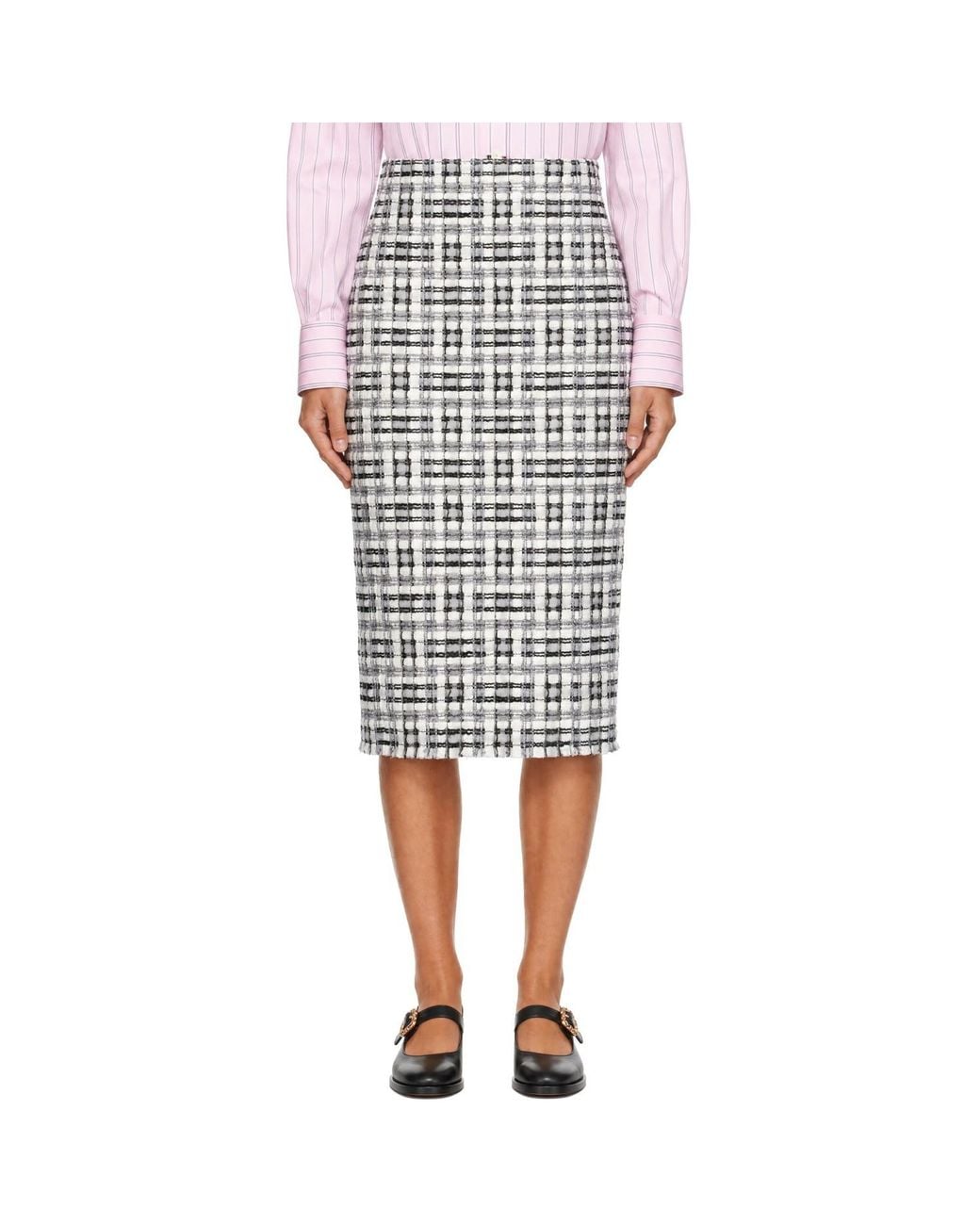 Thom Browne White Off- Ribbon Tweed Fray Midi Pencil Skirt