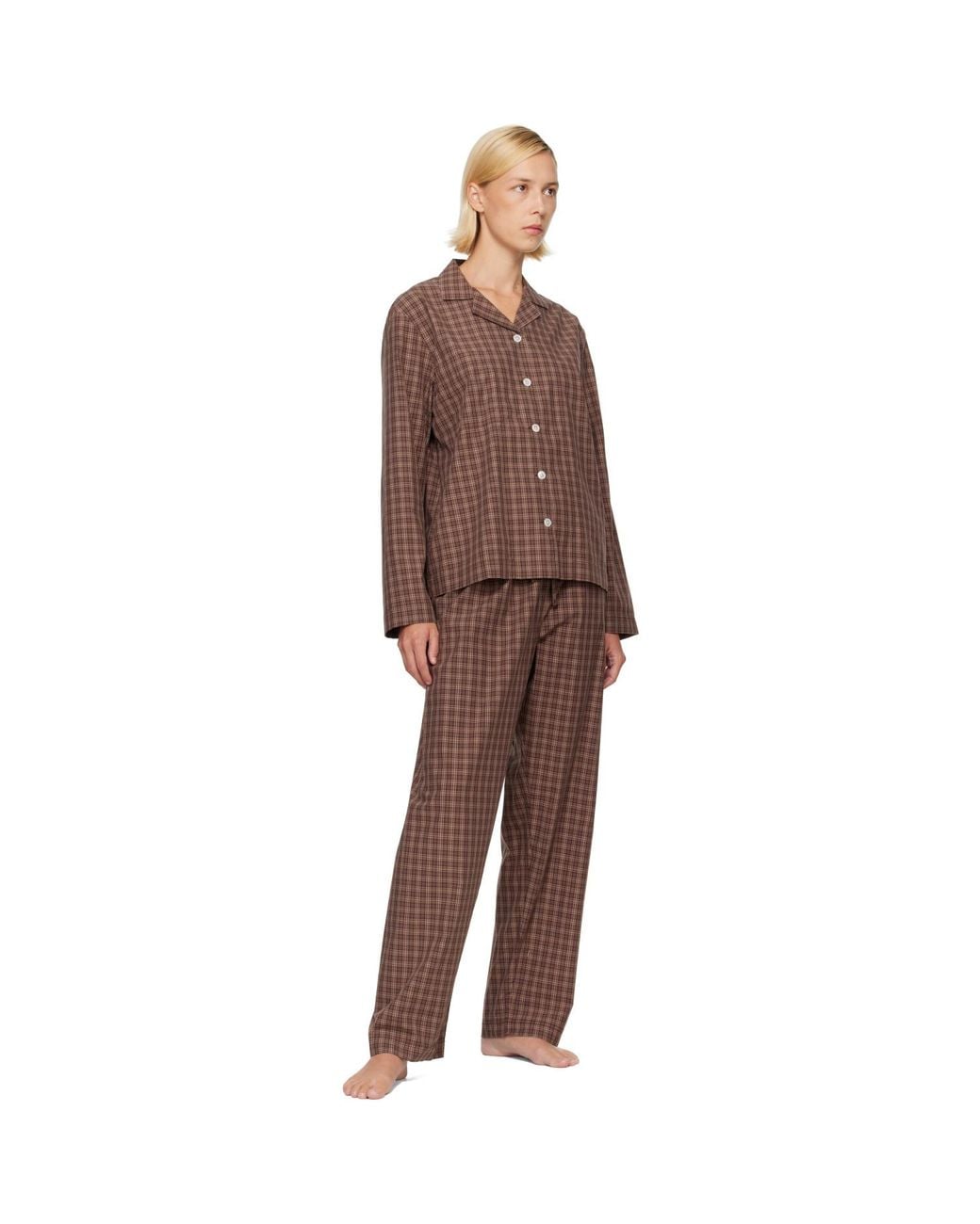 Tekla Brown Fine Twill Long-Sleeved Pyjama Shirt