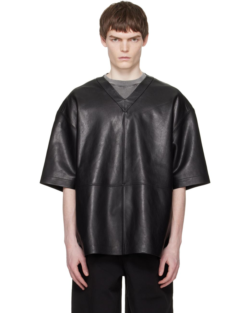 Entire studios Black V-Neck Leather T-Shirt for men
