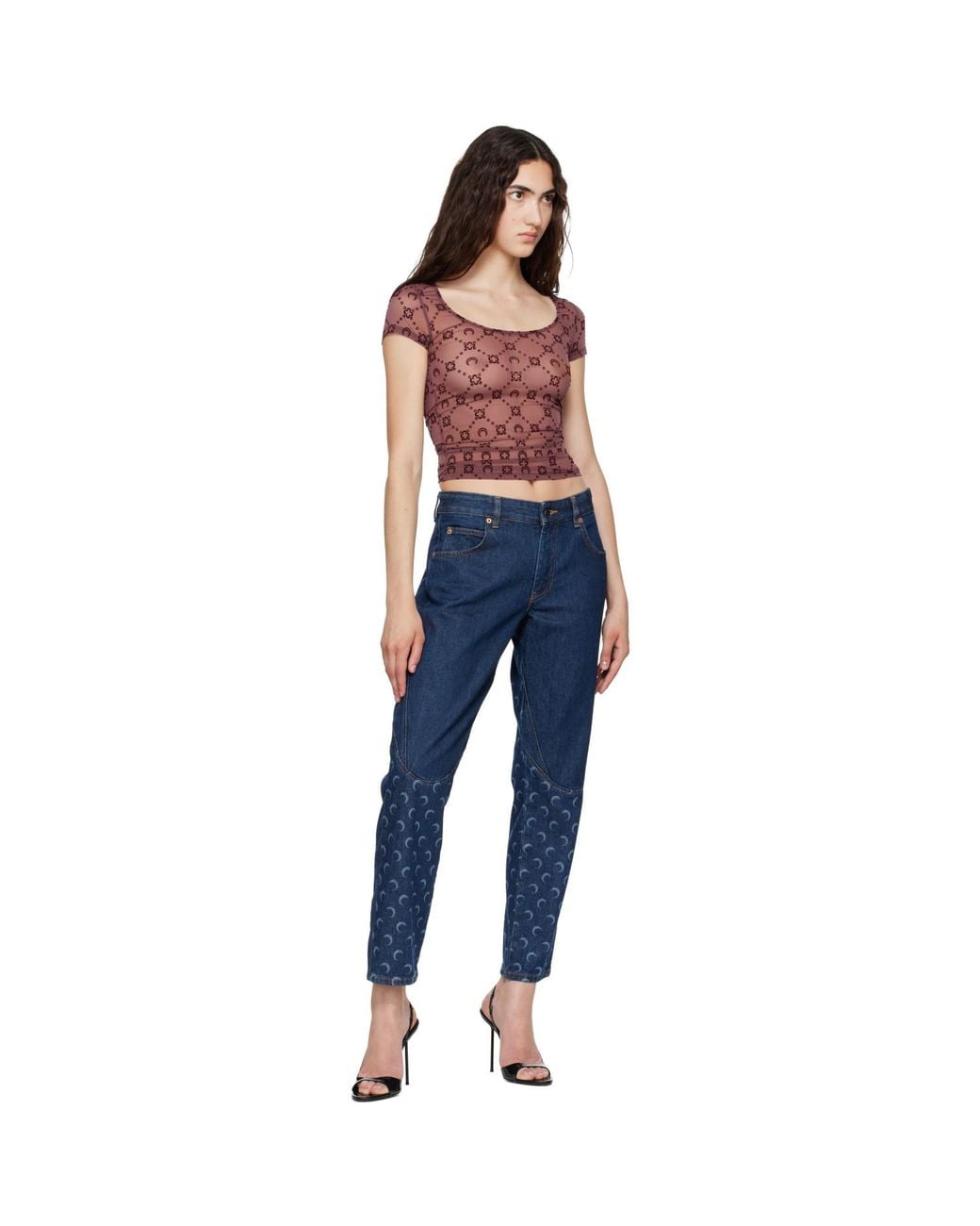 MARINE SERRE Red Burgundy Moonogram Mesh Flock T-Shirt