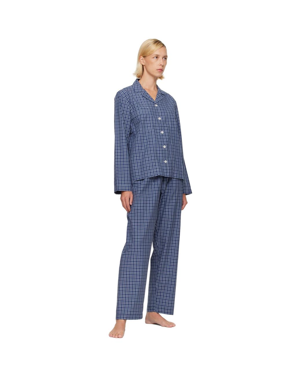 Tekla Blue Fine Twill Long-Sleeved Pyjama Shirt