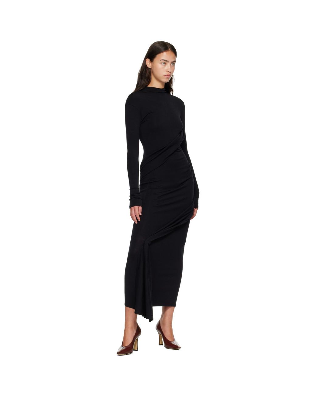 Mugler Black Draped Turtleneck Maxi Dress