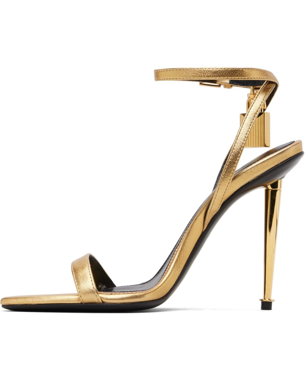 Tom Ford Metallic Laminated Padlock Pointy Naked Heeled Sandals