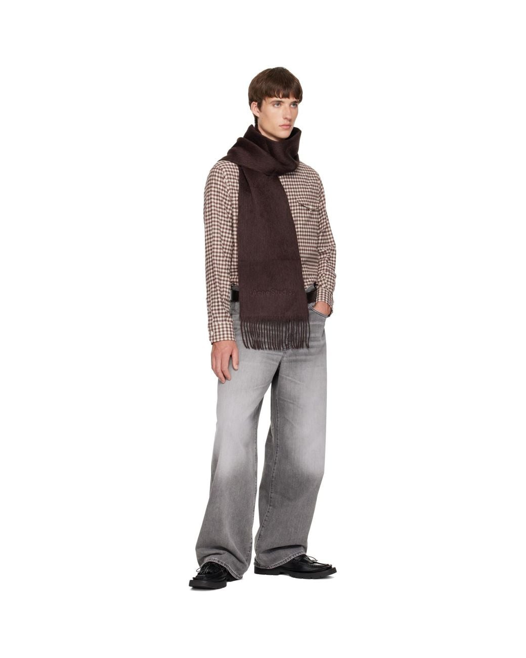 Acne Brown Fringed Wool Scarf for men