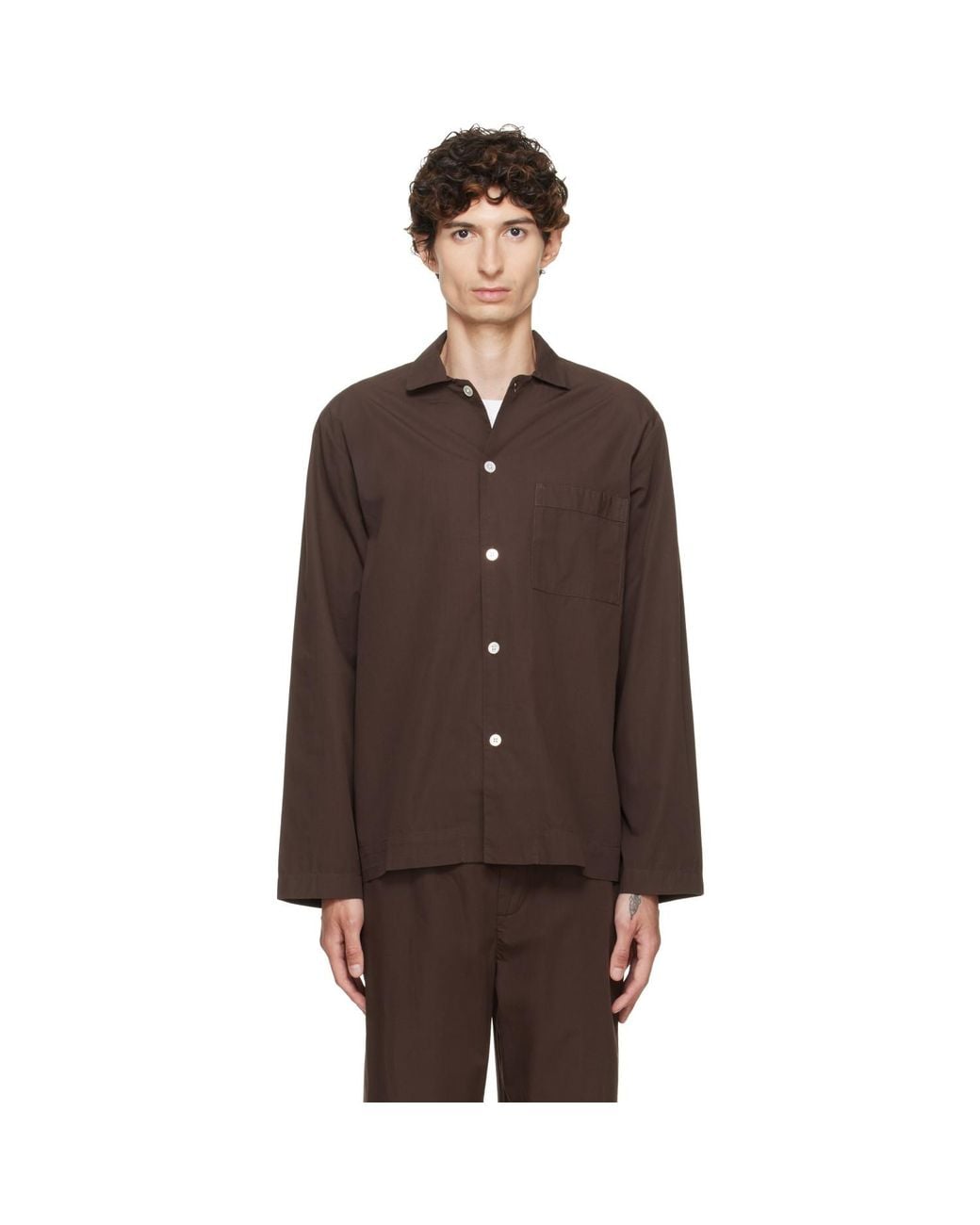 Tekla Brown Poplin Long-Sleeved Pyjama Shirt for men