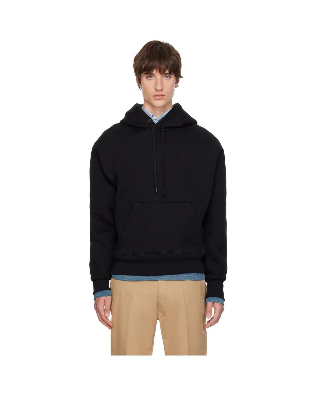 AMI Black Cotton Embossed Ami De Coeur Hoodie for men