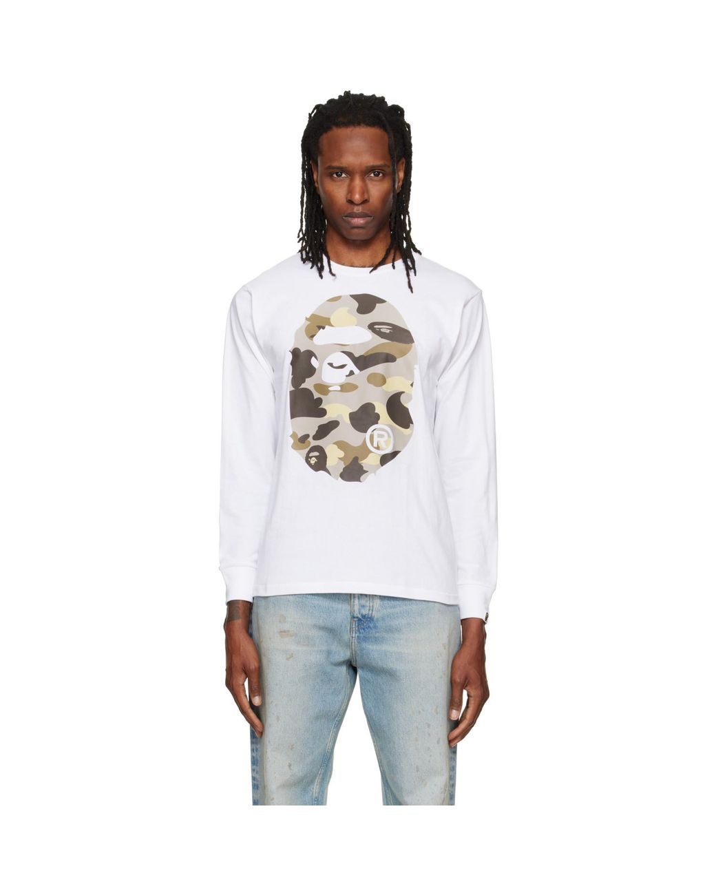 A Bathing Ape White Color Camo Big Ape Head Long Sleeve T-Shirt for men