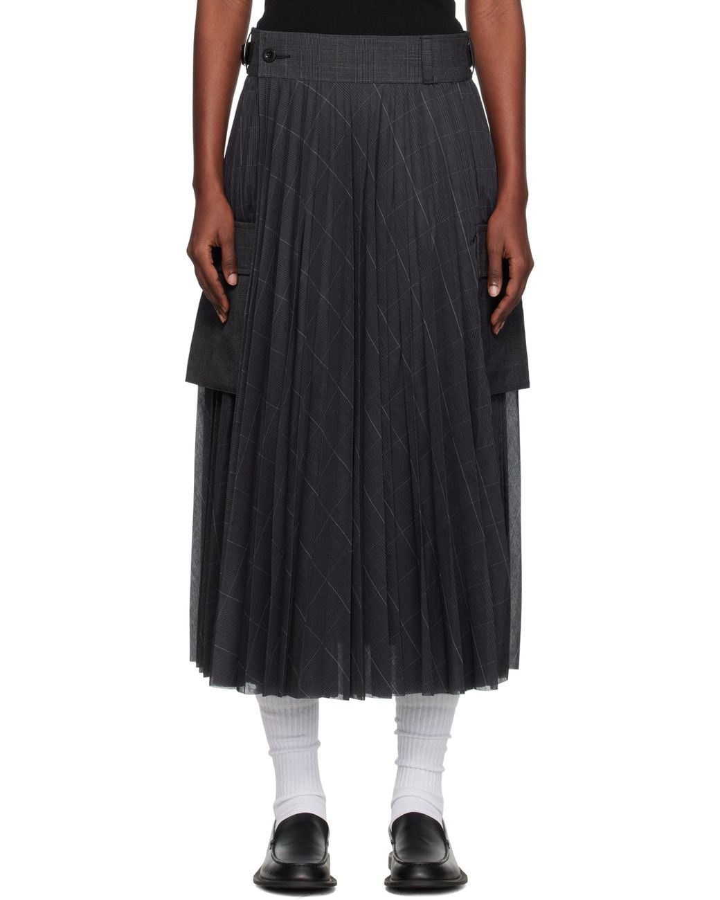 Sacai Glen Check Midi Skirt in Black | Lyst