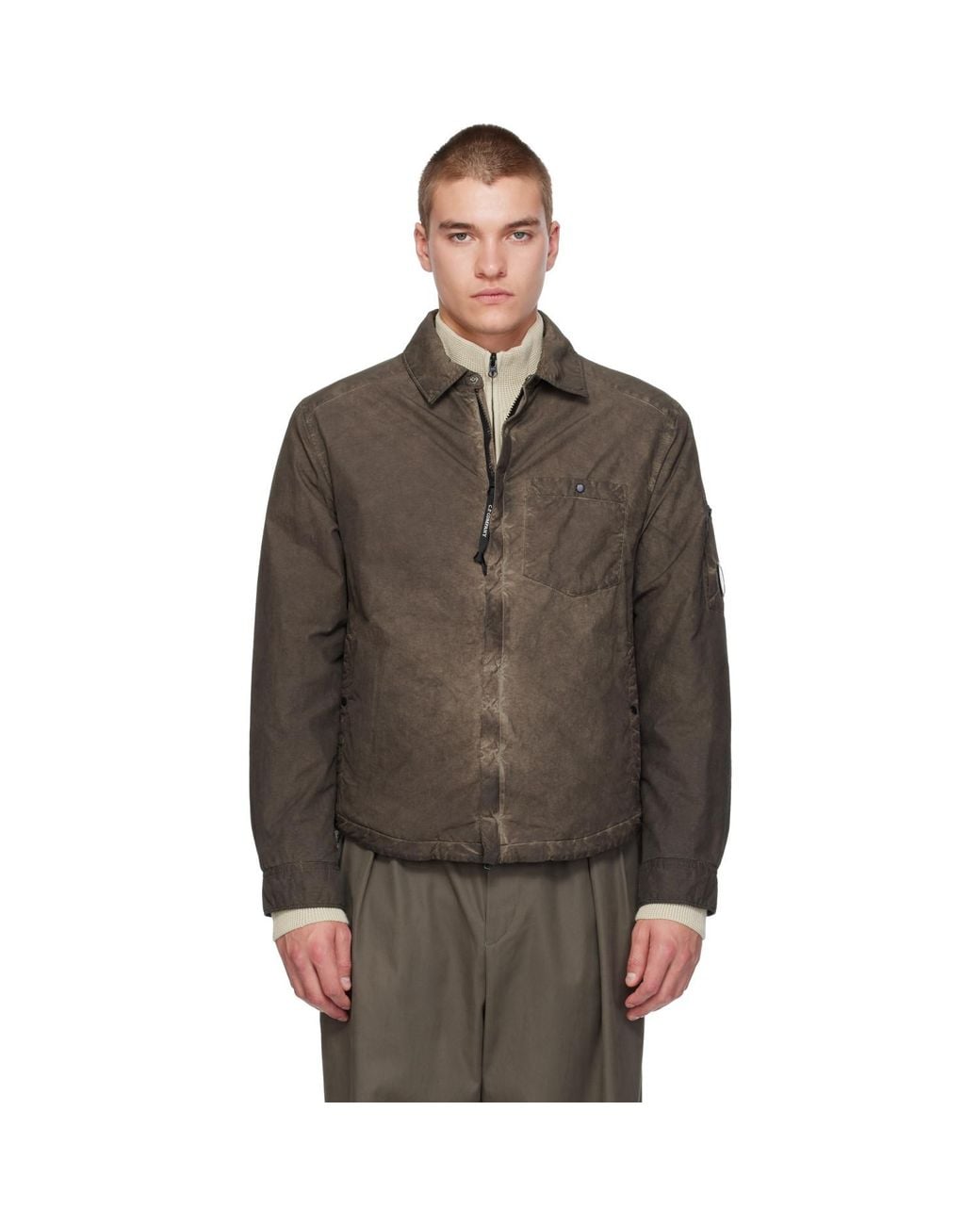 C P Company Brown Flatt Nylon Lens Padded Zipped Overshirt for men
