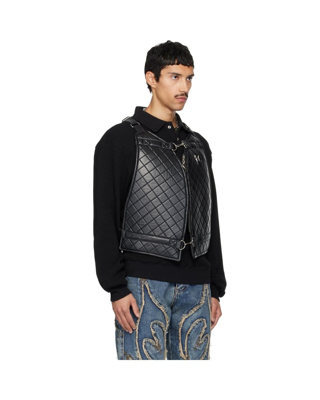 THUG CLUB Black Quilting Life Leather Vest for men