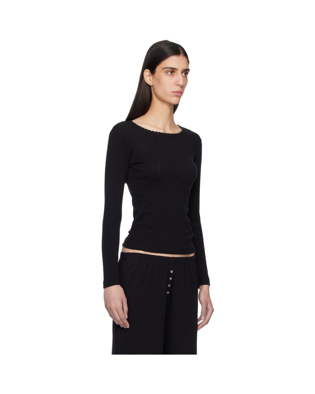 Leset Black Pointelle Slim Fit Long Sleeve T-Shirt