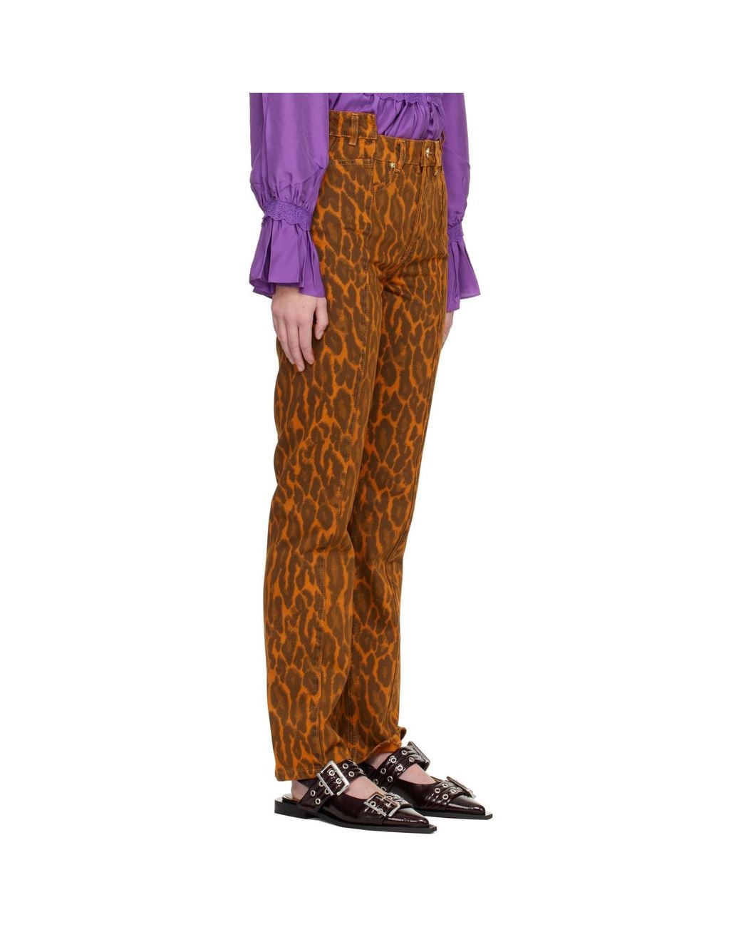 Ganni Brown Fold Leopard Denim Jeans