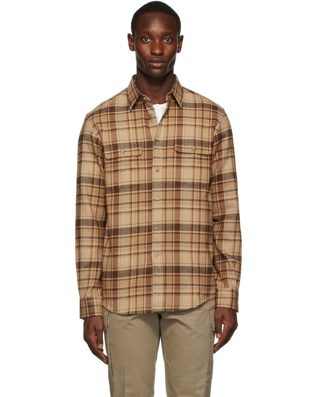 Ralph Lauren Purple Label Beige Flannel Cooper Plaid Shirt in Natural