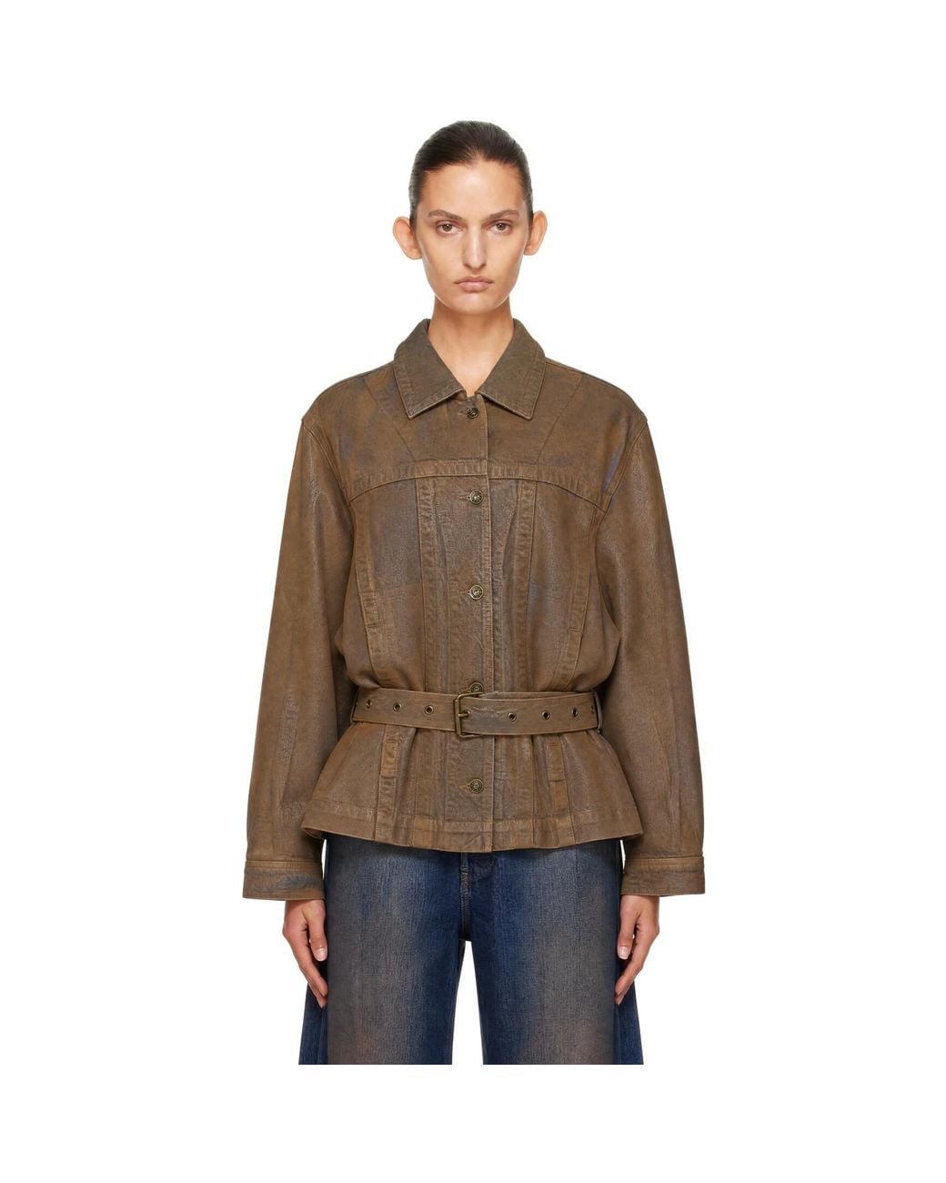 KNWLS Brown Oversized Gloss Coated Denim Jacket
