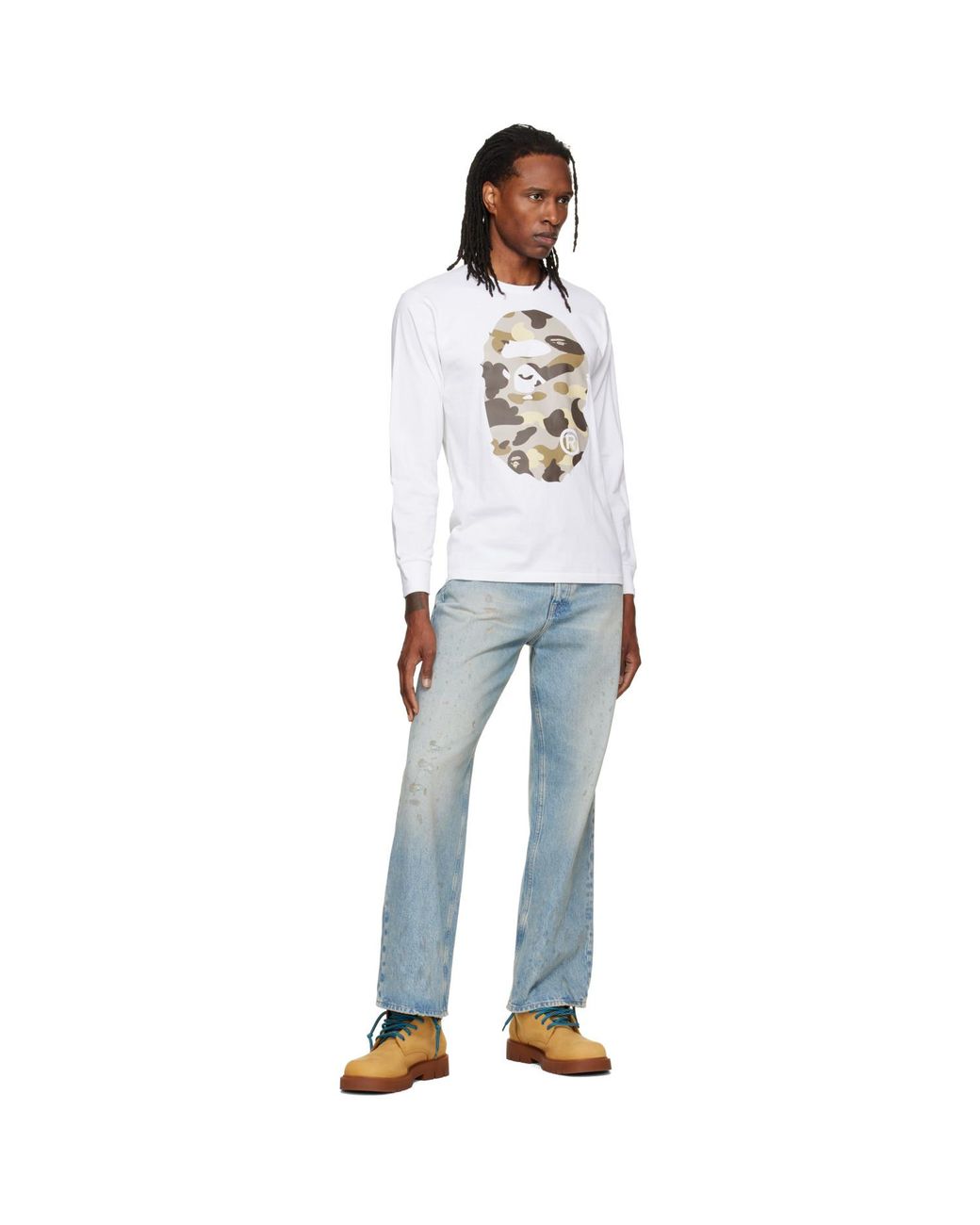 A Bathing Ape White Color Camo Big Ape Head Long Sleeve T-Shirt for men