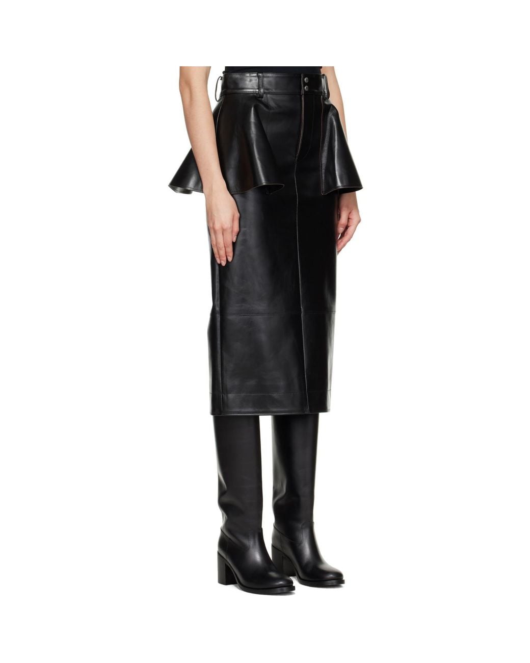 Sacai Black Leather Midi Skirt