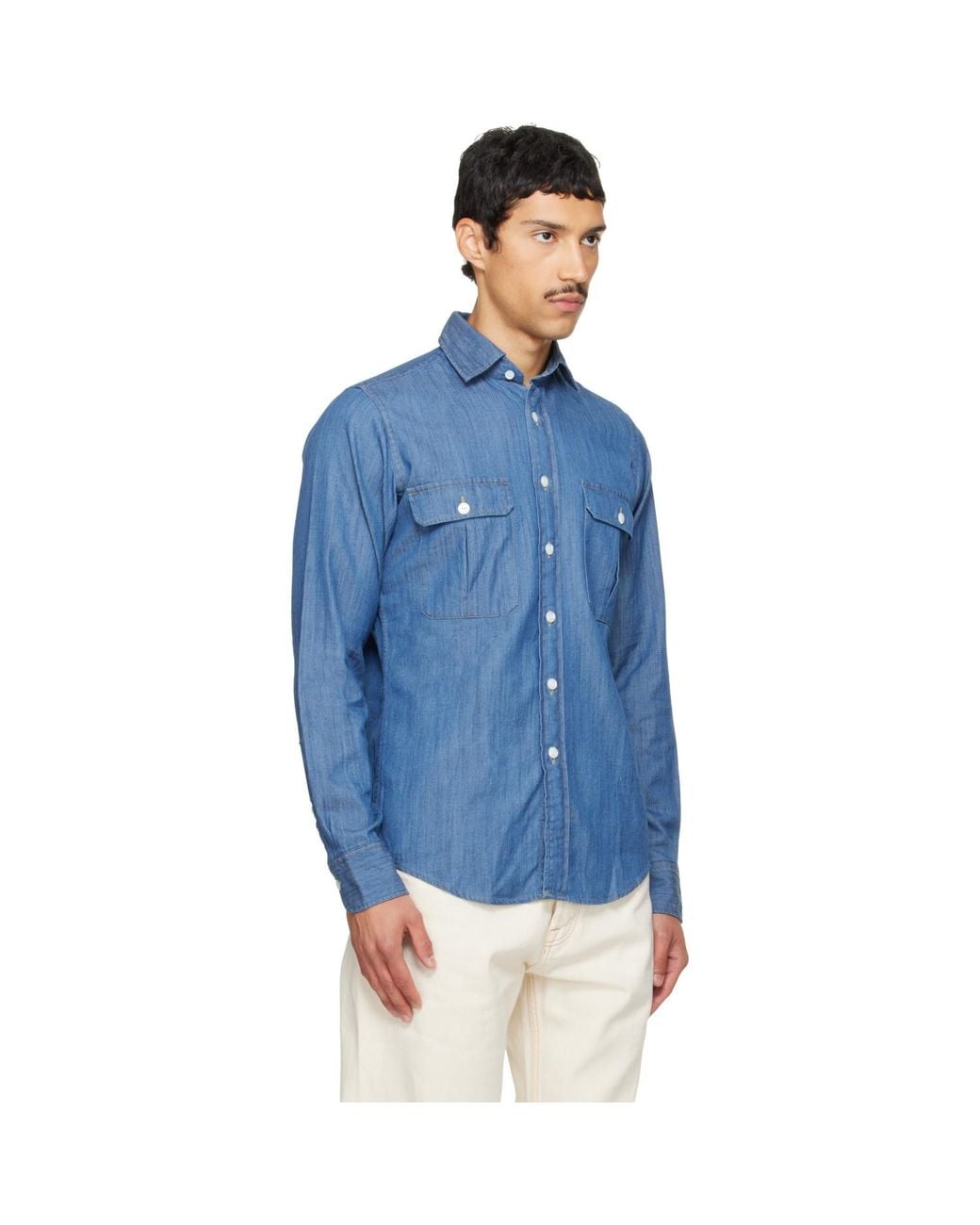 Drake's Blue Cotton Two-Pocket Work Denim Shirt for men