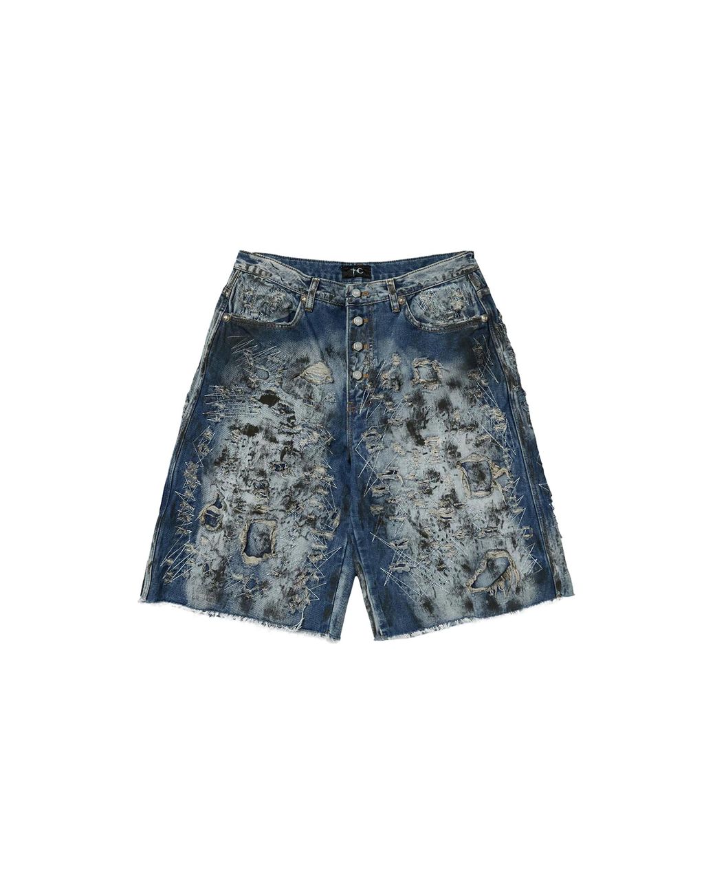 THUG CLUB Blue Hard Washed Destroyed Denim Shorts Tc26Pt1201" for men