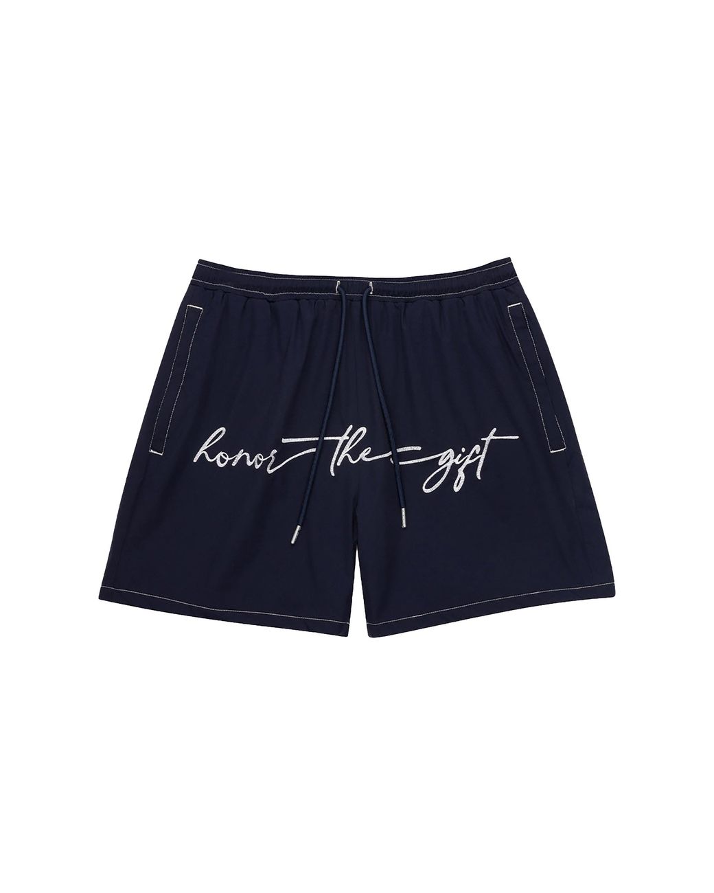 Honor The Gift Blue Hybrid Cursive Nylon Water Shorts Htg260262001" for men