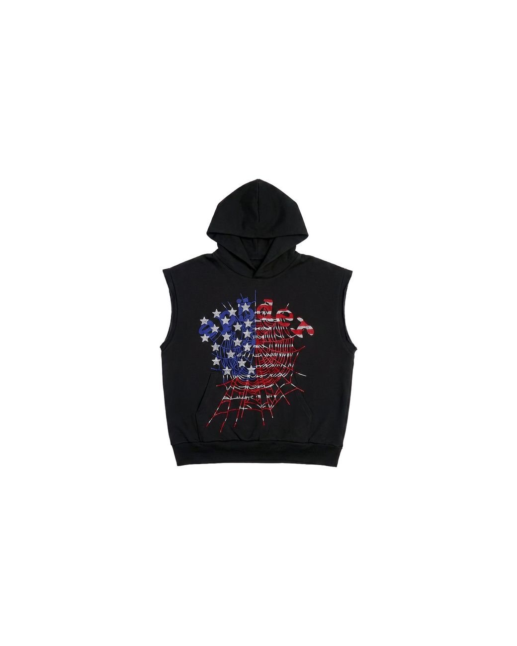 Sp5der Black Rhinestone Og Web Sleeveless Hoodie "Usa for men