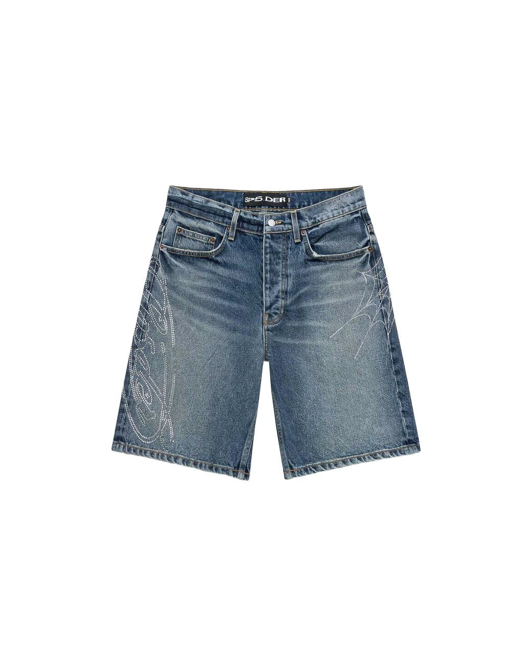 Sp5der Blue Script Web Denim Shorts 727" for men