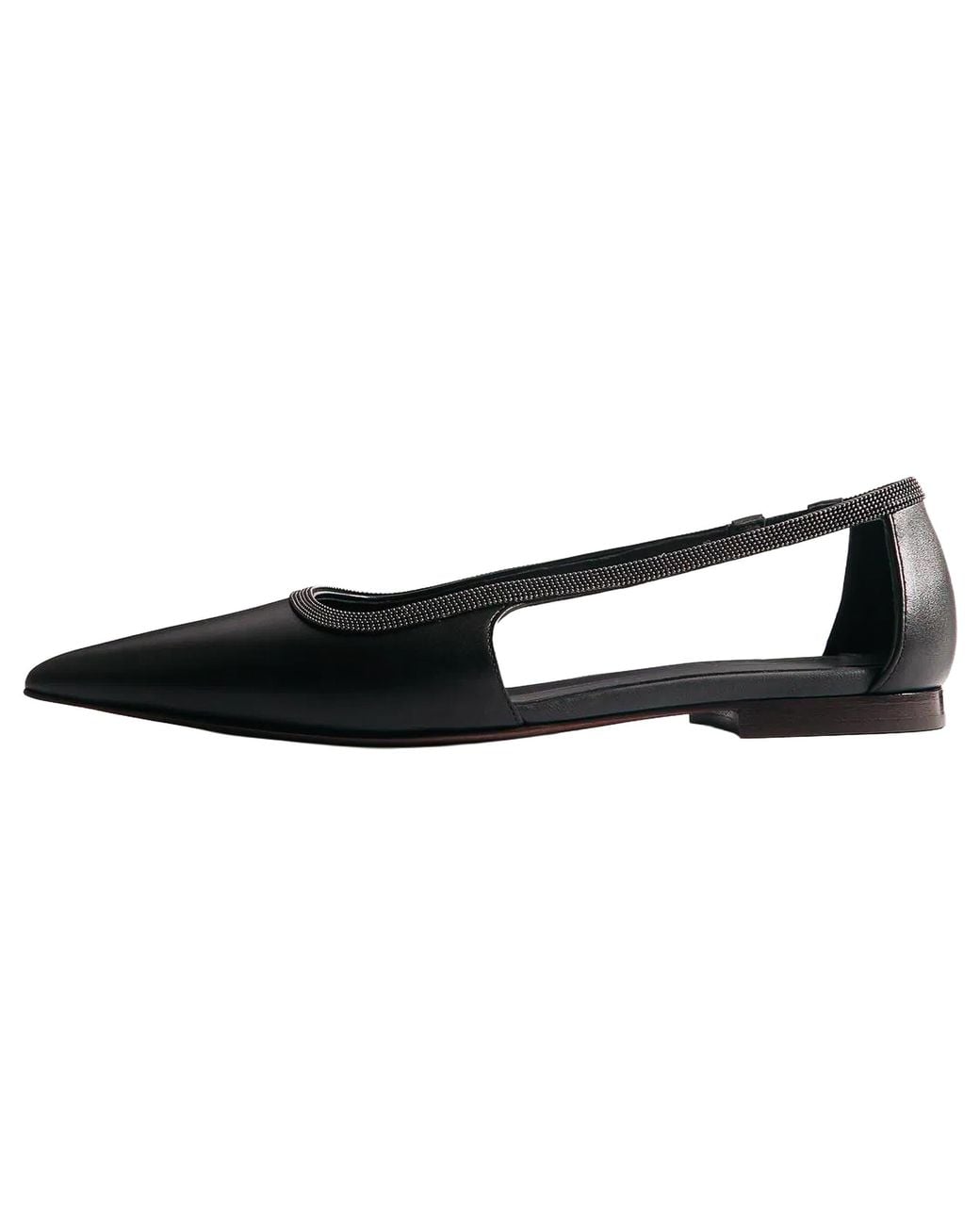 Brunello Cucinelli Black Leather Pointed-Toe Slingback Shoe Brun3036"