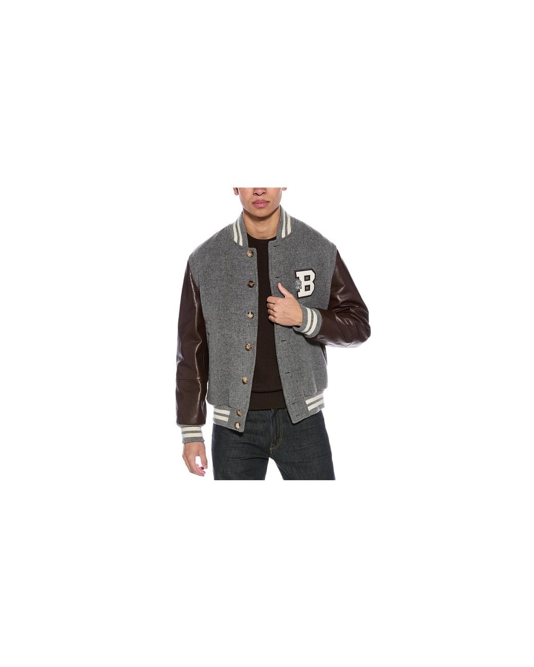 Brunello Cucinelli Black Wool Leather Sleeve Varsity Jacket Brun2303" for men