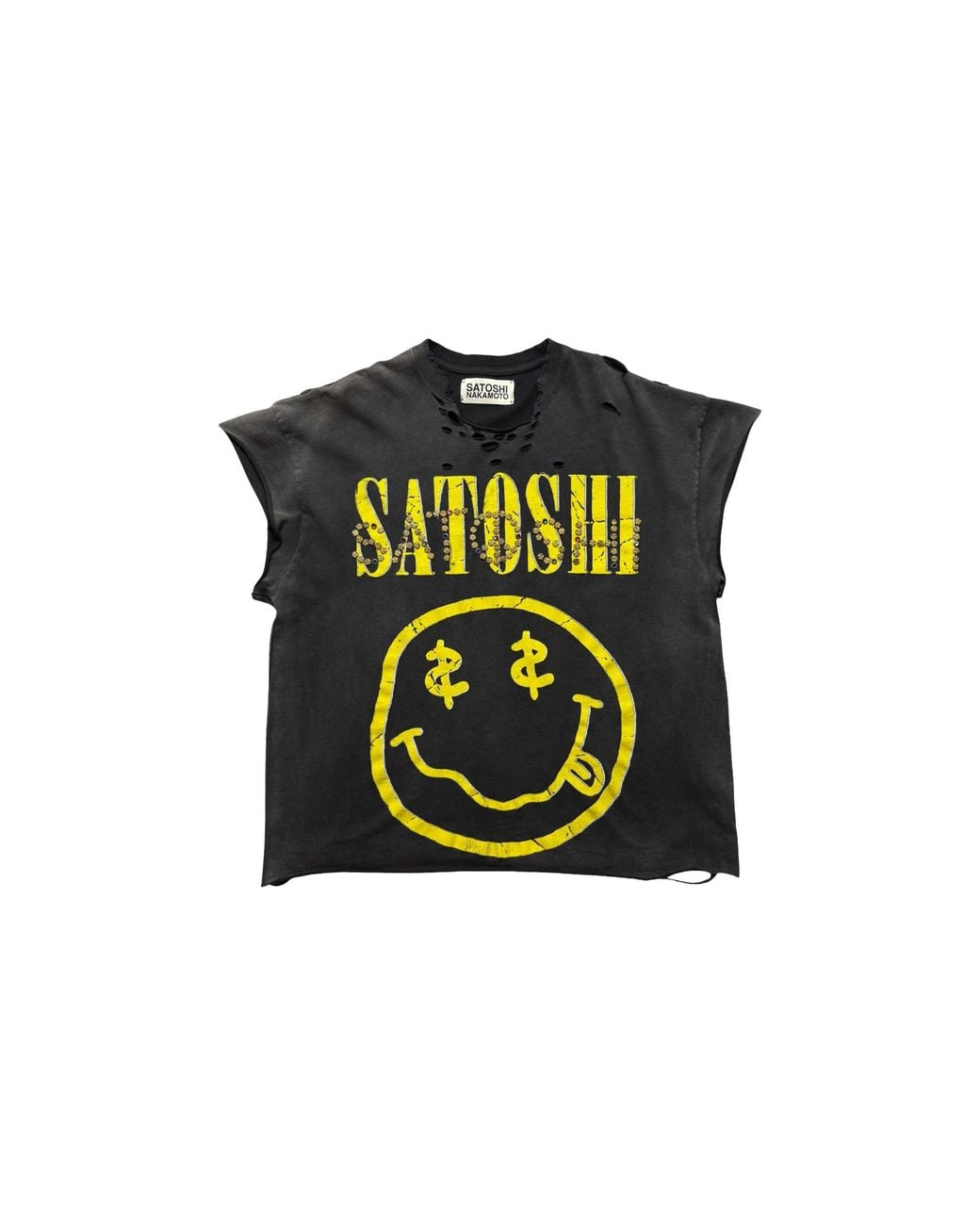 Satoshi Nakamoto Black Smiley Cutoff T-Shirt Sat096" for men