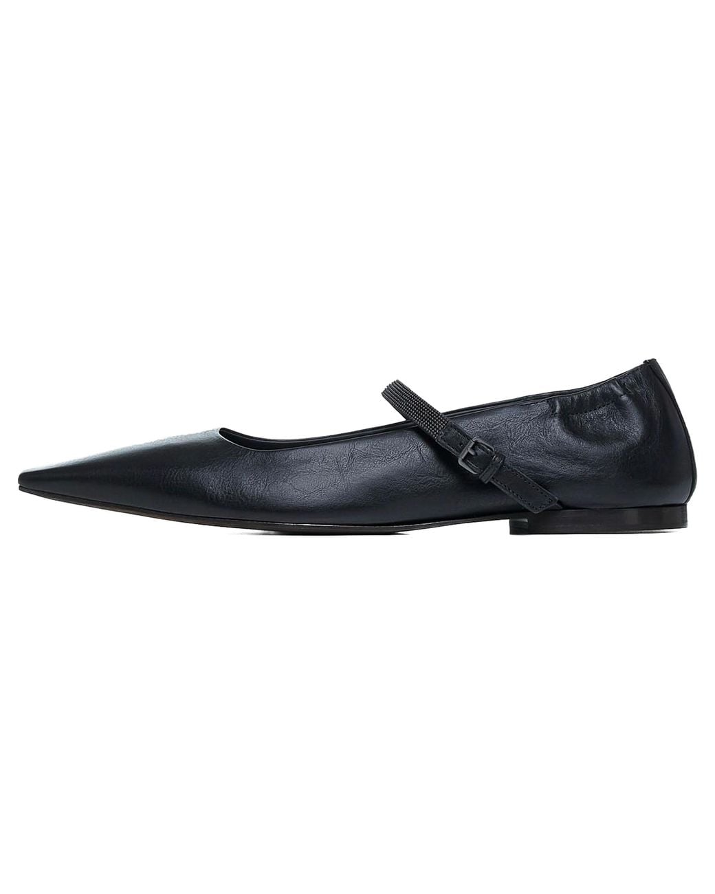Brunello Cucinelli Black Leather Pointed-Toe Mary Jane Shoe Brun3037"