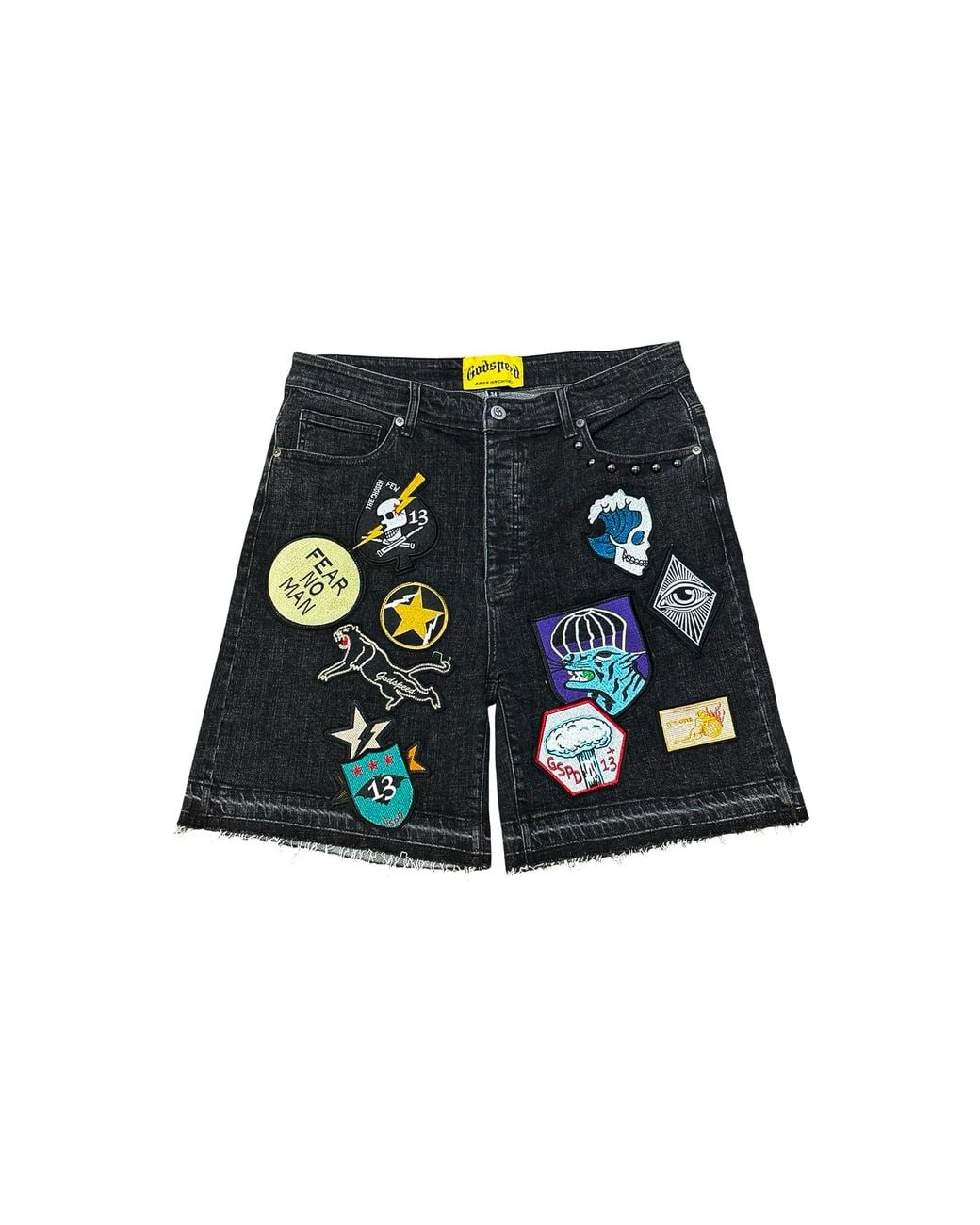 GODSPEED NEW YORK Black Patchwork Brand Boom Denim Shorts Gs950" for men