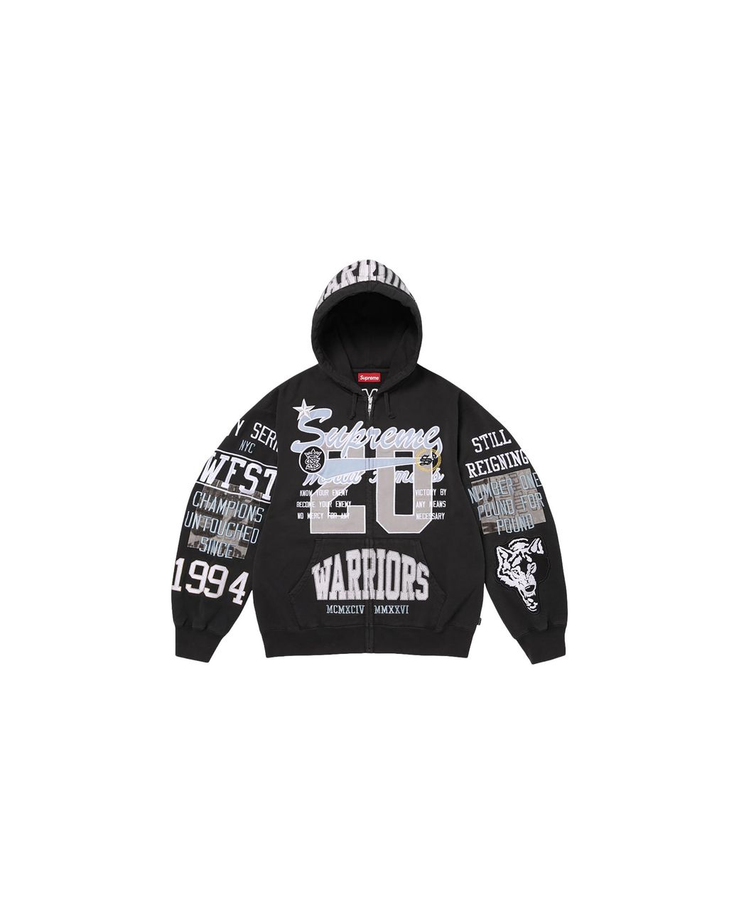 Supreme Black Warriors Appliqué Zip Up Hooded Sweatshirt "Ss26