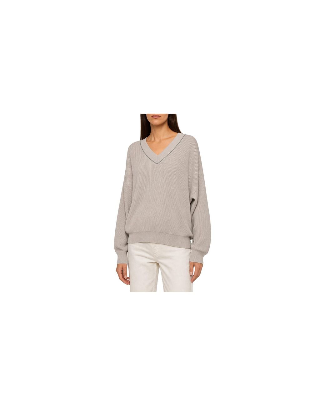 Brunello Cucinelli Black Cotton V-Neck Sweater "Quarzo" Brun2573"