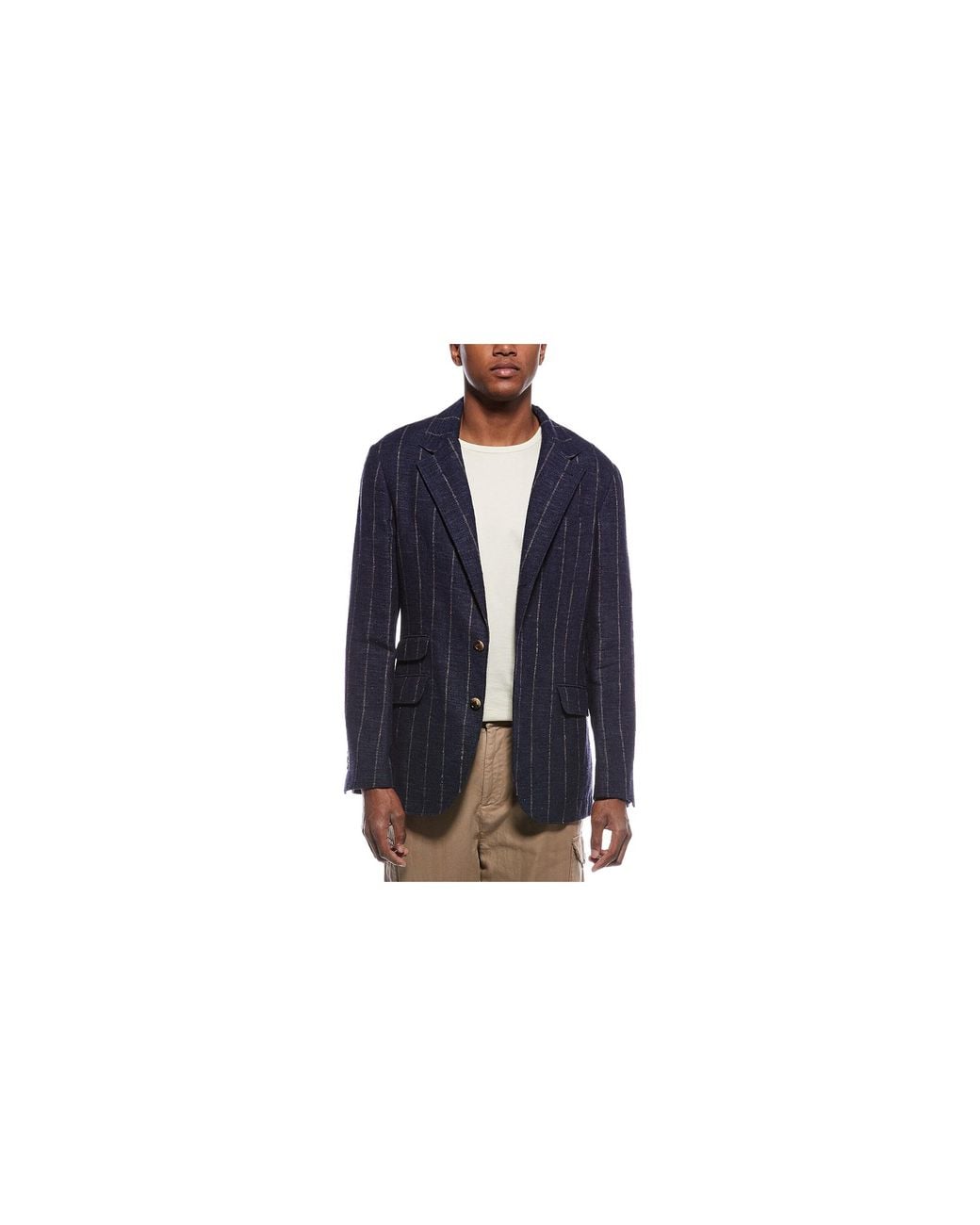 Brunello Cucinelli Black Pinstripe Linen-Blend Suit Jacket "Midnight" Brun963" for men