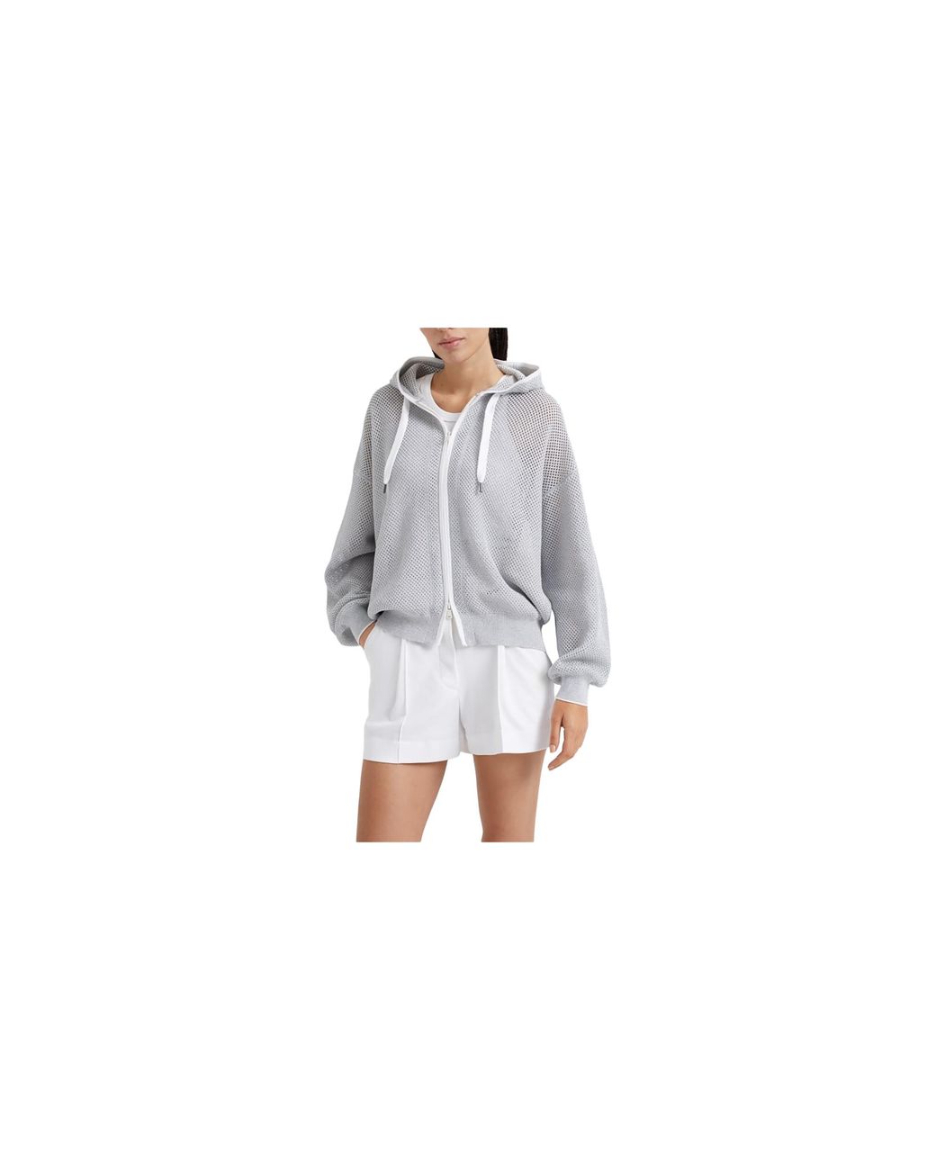 Brunello Cucinelli Black Mesh Zip Hoodie "Argento Nebbia Bianco" Brun1966"