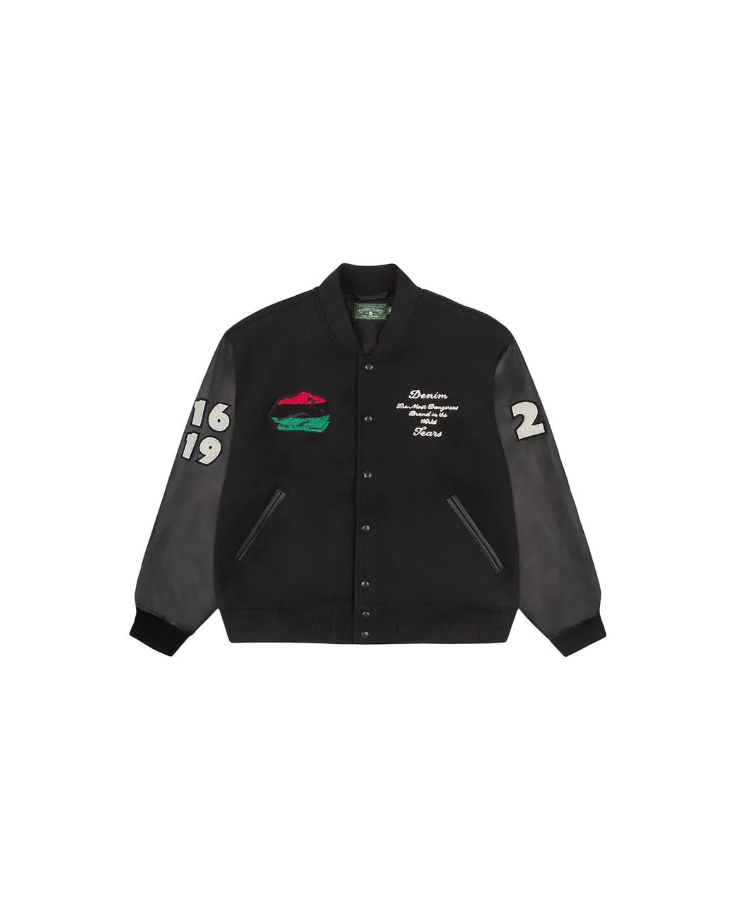 DENIM TEARS Black Peace Wreath Varsity Jacket Dt445" for men