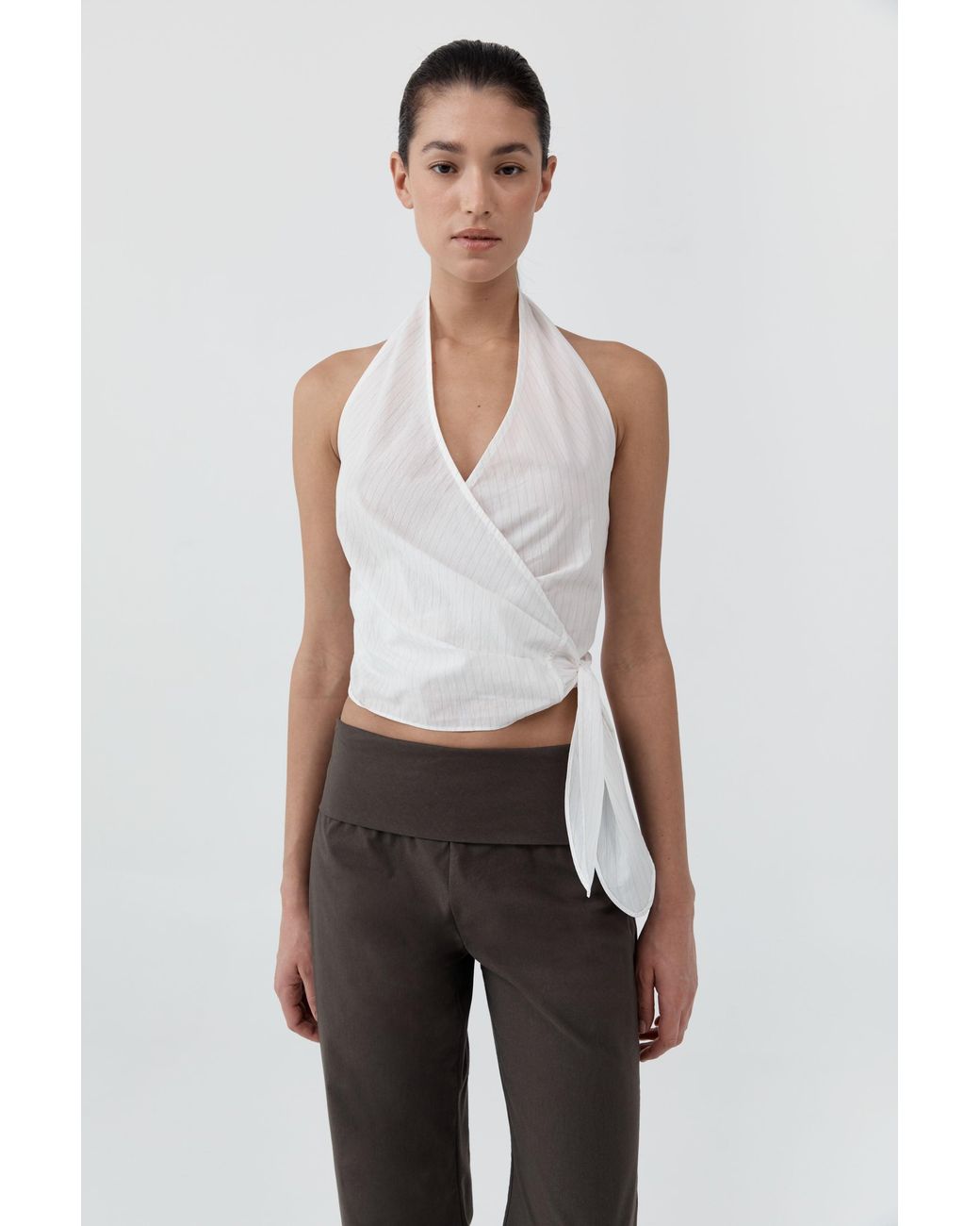 St. Agni White Pinstripe Halter Wrap Top
