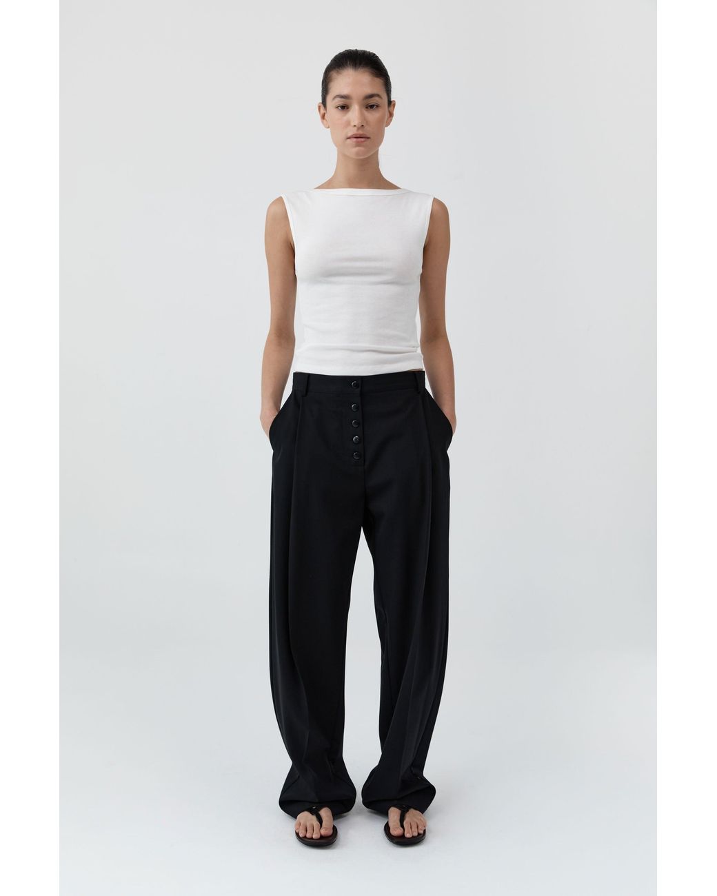 St. Agni White Wool Button Front Pleat Pants