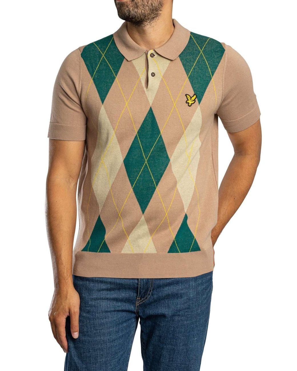 Lyle & Scott Blue Argyle Knitted Polo Shirt for men