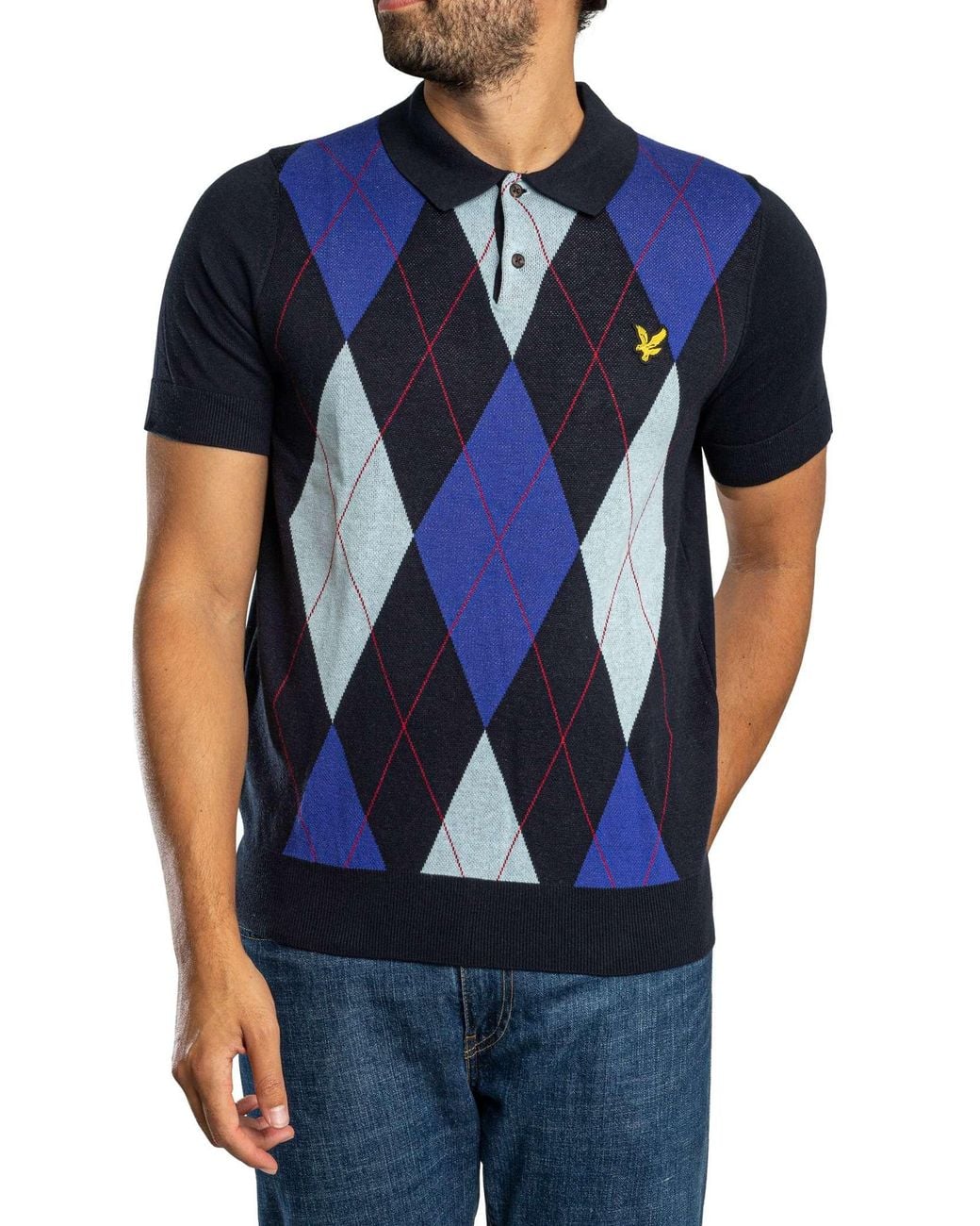 Lyle & Scott Blue Argyle Knitted Polo Shirt for men