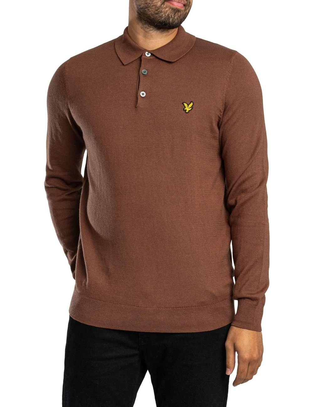 Lyle & Scott Brown Cotton Merino Knit Longsleeved Polo Shirt for men