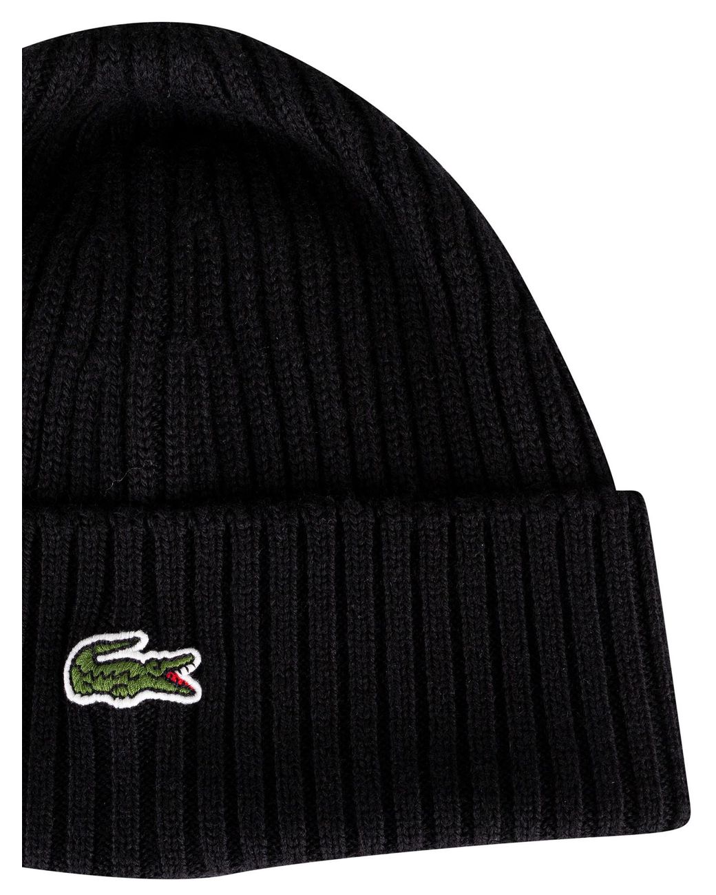 Lacoste Black Ribbed Embroidered Logo Beanie for men