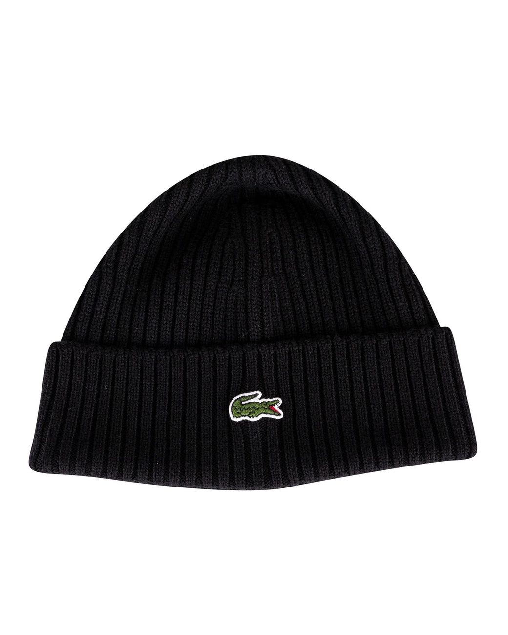 Lacoste Black Ribbed Embroidered Logo Beanie for men