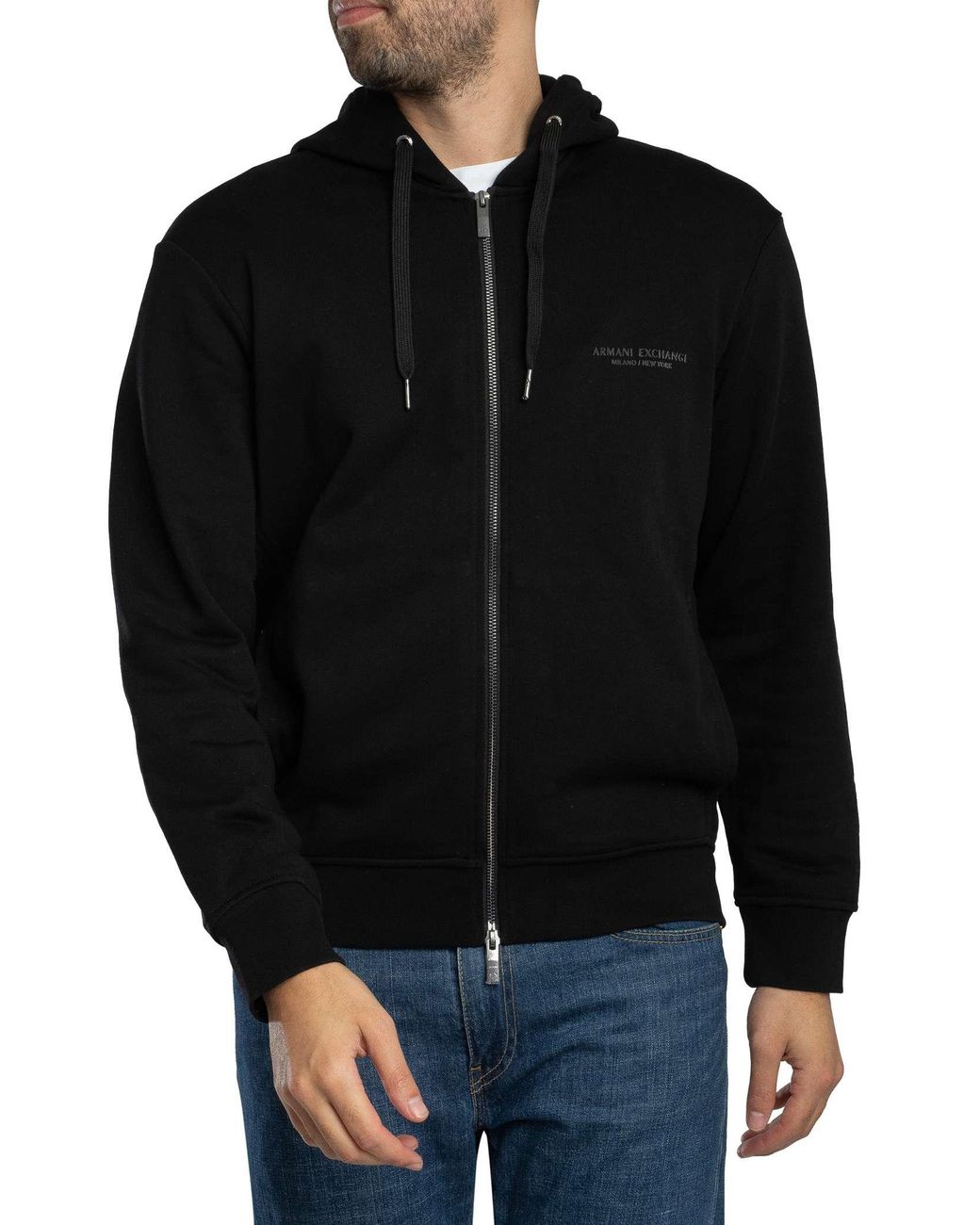 ARMANI EXCHANGE Black Chest Logo Zip Hoodie for men
