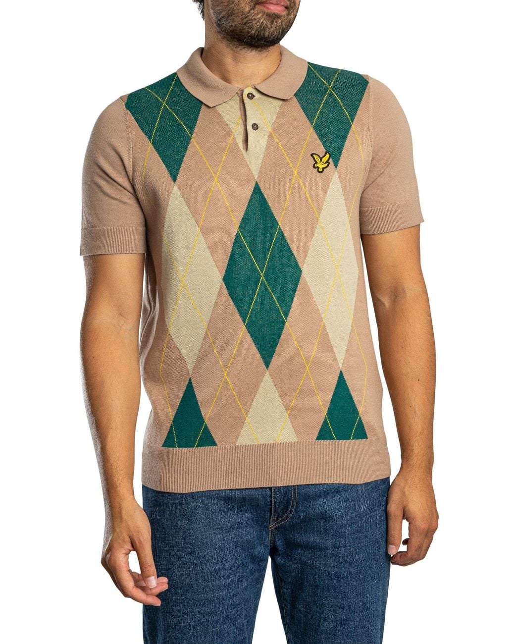 Lyle & Scott Blue Argyle Knitted Polo Shirt for men
