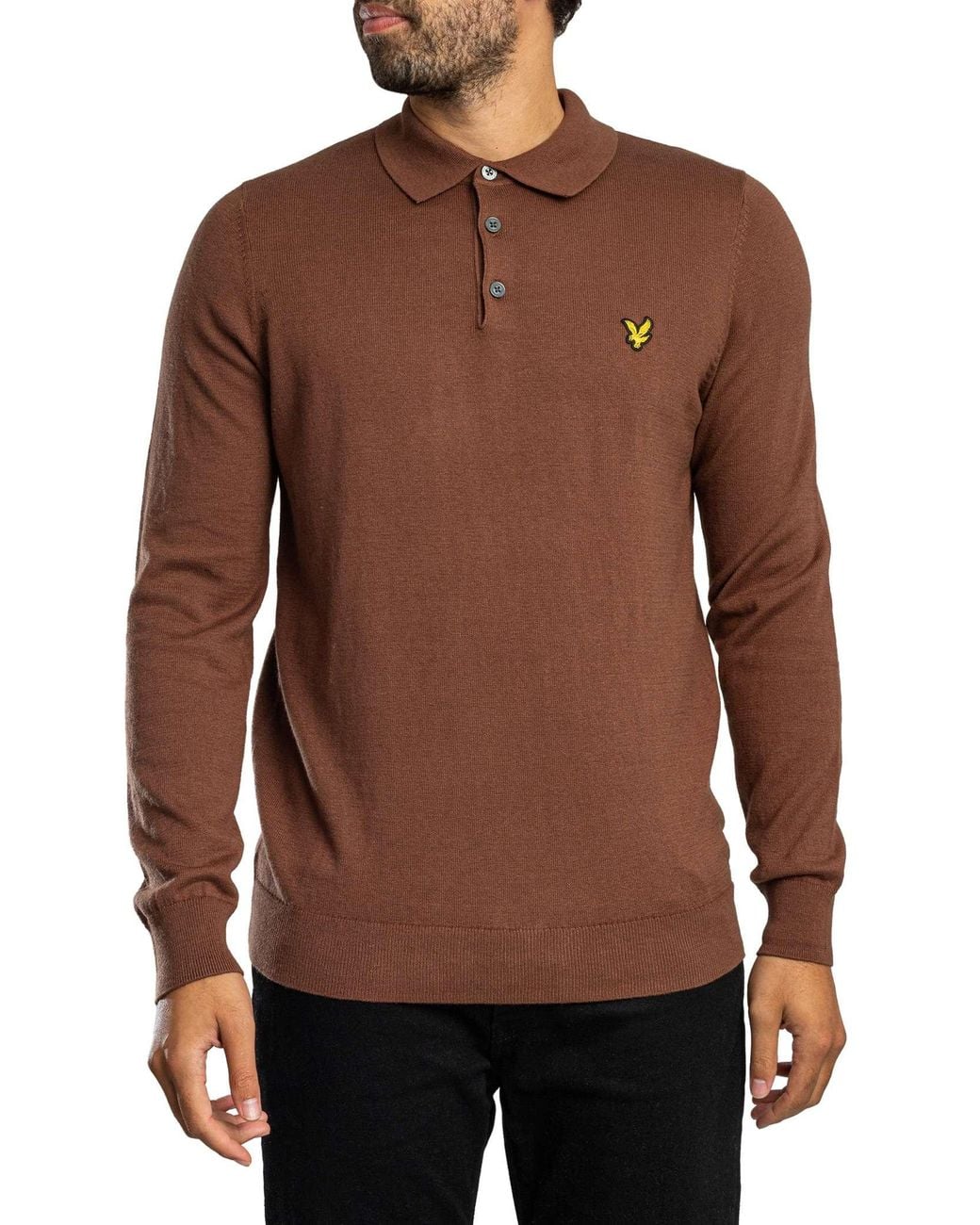 Lyle & Scott Brown Cotton Merino Knit Longsleeved Polo Shirt for men