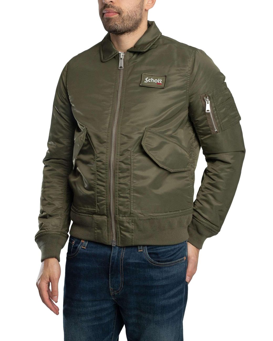 Schott Nyc Green Removable Badge Bomber Jacket for men